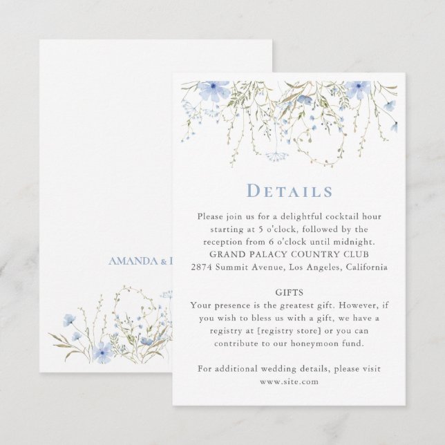 Details zur Blauen Wildblume Periwinkle Hochzeit Begleitkarte (Vorne/Hinten)