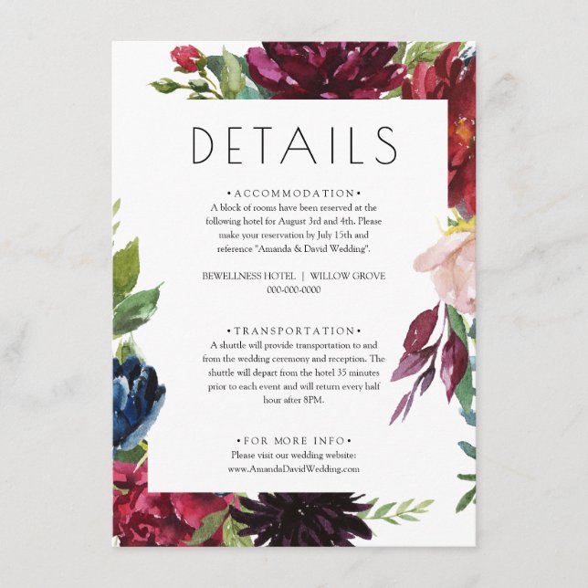 Details zur Blush Burgundy Navy Floral Wedding Car Begleitkarte (Vorderseite)