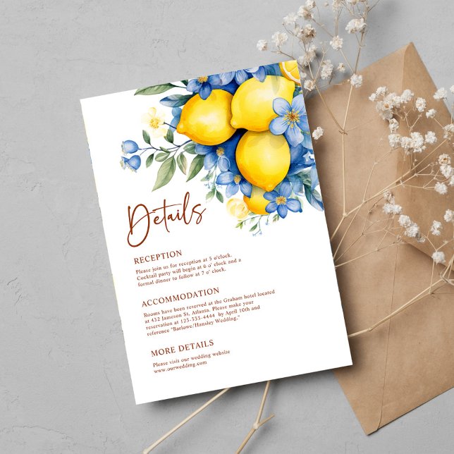 Details zur botanischen Hochzeit im Wasserfarbenem Begleitkarte (Watercolor Lemon Botanical Wedding Details Enclosure Card)