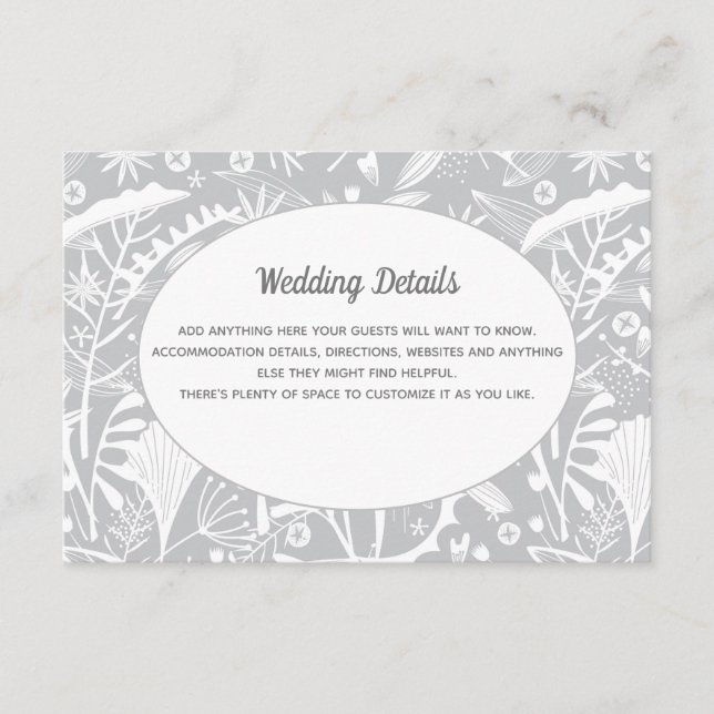 Details zur botanischen Silber-Graumuster-Hochzeit Begleitkarte (Vorderseite)