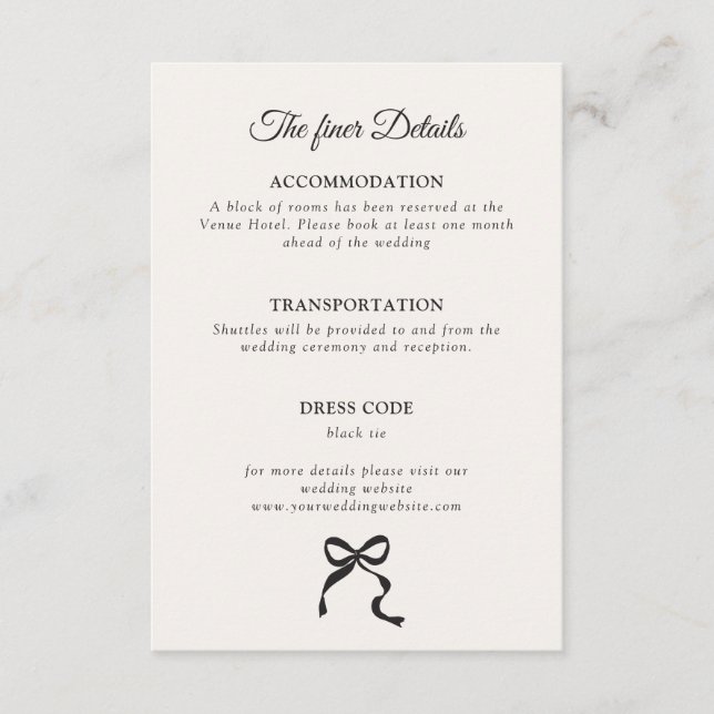 Details zur Eleganten Minimal Bow Hochzeit Begleitkarte (Vorderseite)