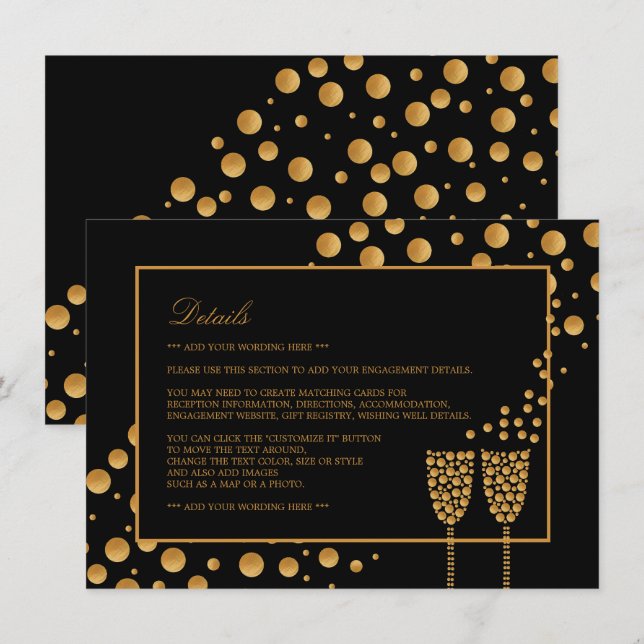 Details zur Gold Champagne Bubbles Engagement Einladung (Vorne/Hinten)