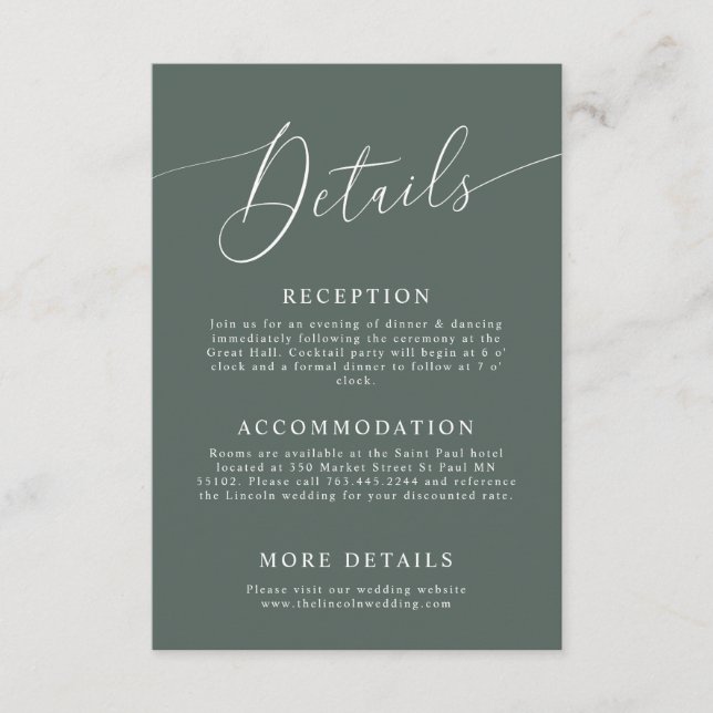 Details zur grünen Minimal-Hochzeit Begleitkarte (Vorderseite)