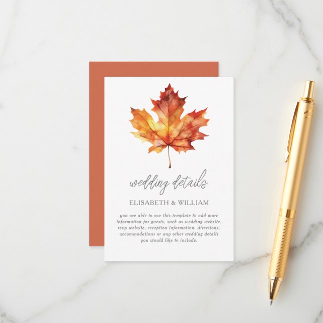 Details zur Herbstleaf-Hochzeit Begleitkarte (Vorderseite/Rückseite Beispiel)