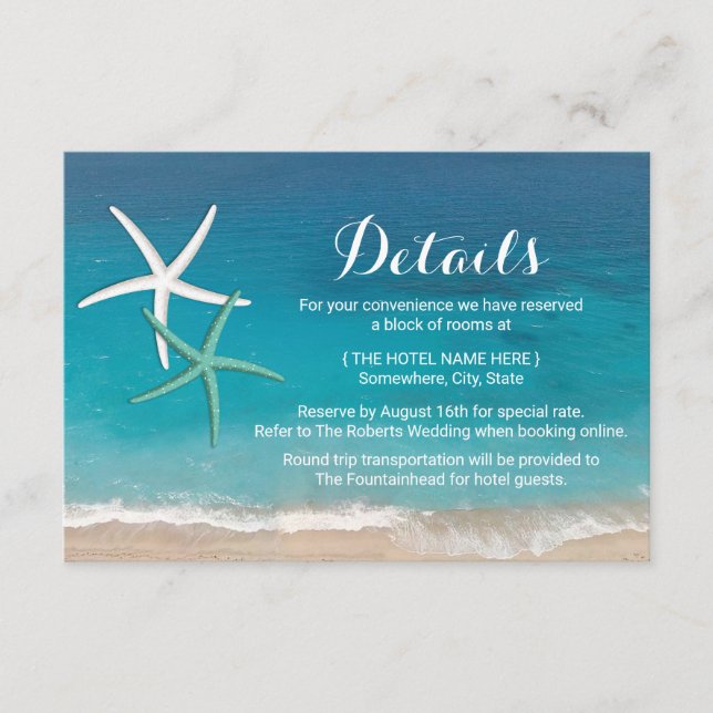 Details zur Hochzeit am Starfish Beach Begleitkarte (Vorderseite)