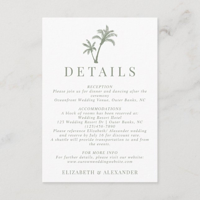 Details zur Hochzeit im tropischen Palmenbaum Begleitkarte (Vorderseite)