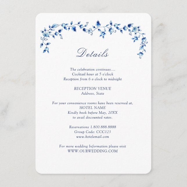 Details zur Hochzeit in Blau und Weiß Begleitkarte (Vorderseite)