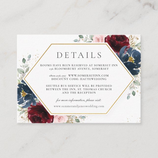Details zur Hochzeit in Burgund Red Blush Blue Begleitkarte (Vorderseite)
