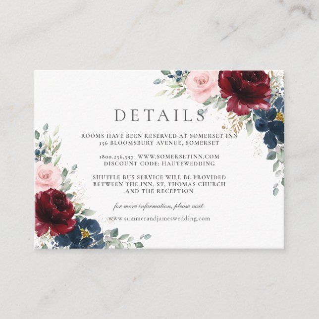 Details zur Hochzeit in Burgund Red Blush Blue Begleitkarte (Vorderseite)