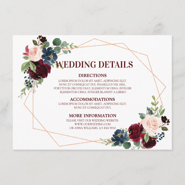Details zur Hochzeit in Burgund Red Navy Begleitkarte (Vorderseite)
