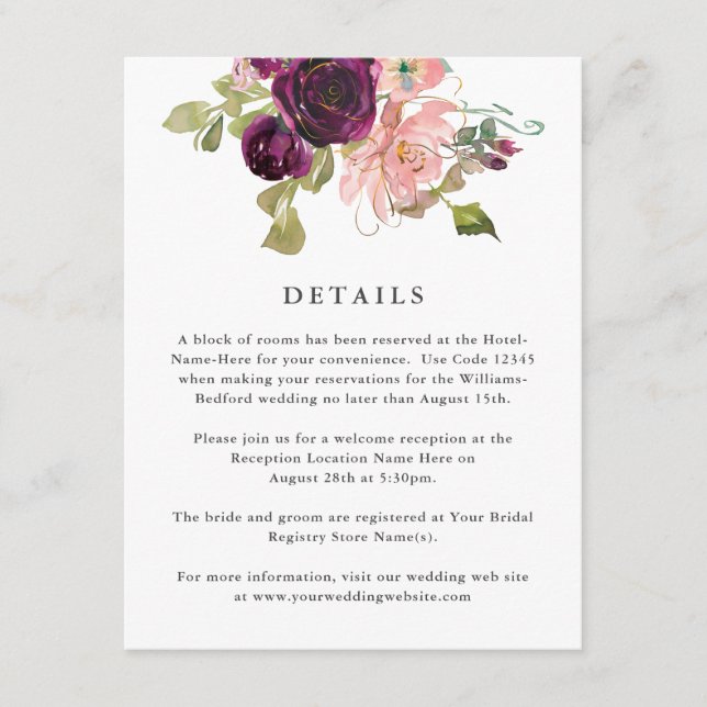 Details zur Hochzeit in Burgund und Rosa Begleitkarte (Vorderseite)