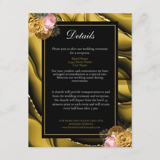 Details zur Hochzeit in Gold Black Floral Begleitkarte (Vorderseite)