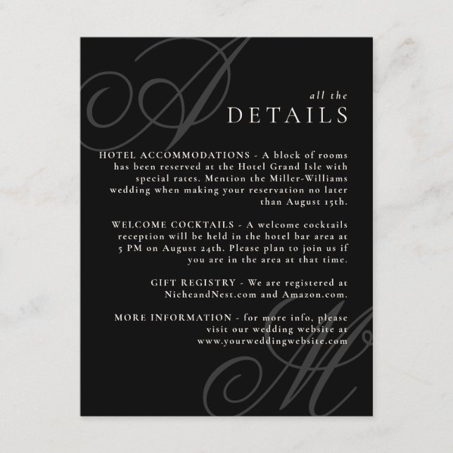 Details zur Hochzeit in Monogram, moderne Schwarz- Begleitkarte (Vorderseite)