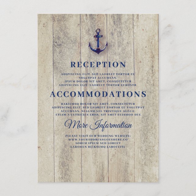 Details zur Hochzeit in Navy Blue Rustic Nautic Begleitkarte (Vorderseite)