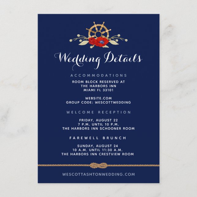 Details zur Hochzeit in Red White & Blue Begleitkarte (Vorderseite)