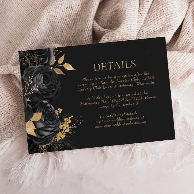 Details zur Hochzeit in Schwarz-Gold-Blütenschwarz RSVP Karte (Von Creator hochgeladen)