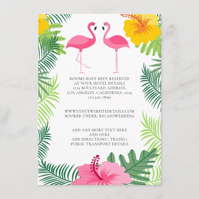 Details zur Hochzeit in tropischem Rosa Begleitkarte (Vorderseite)