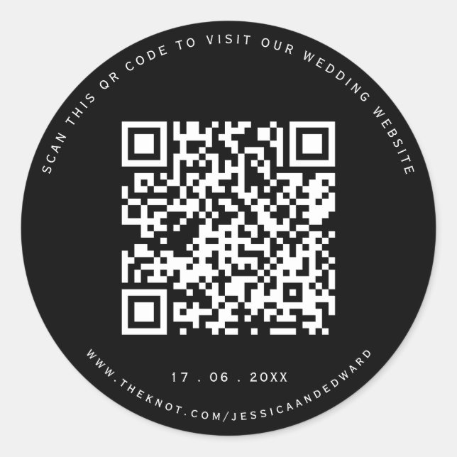 Details zur Hochzeit Qr Code Einfach Schwarz Minim Runder Aufkleber (Vorderseite)