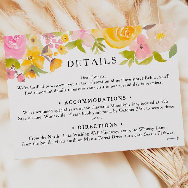 Details zur Hochzeit von Boho wiadow Gelb Begleitkarte (Boho meadow yellow Winter Wedding details Enclosure Card)