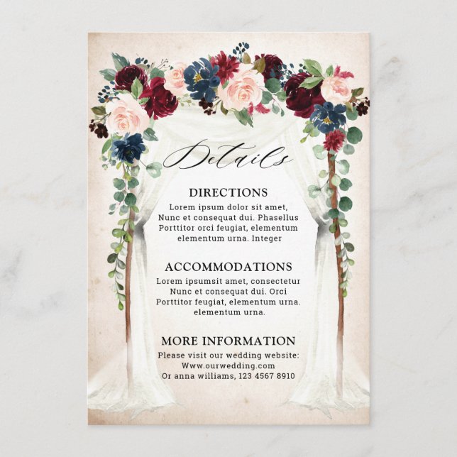 Details zur Hochzeit von Burgund Blush Navy Begleitkarte (Vorderseite)