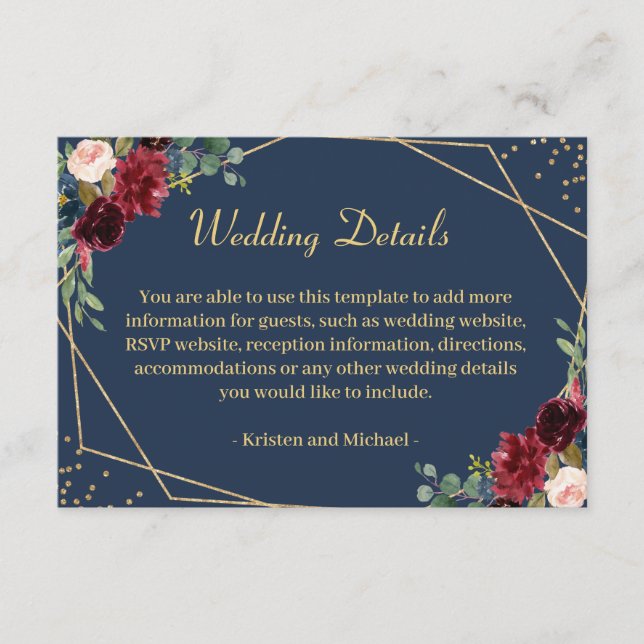 Details zur Hochzeit von Burgund Blush Navy Blues  Begleitkarte (Vorderseite)