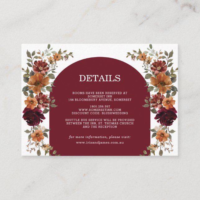 Details zur Hochzeit von Burgundy Burnt Orange Rus Begleitkarte (Vorderseite)