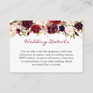Details zur Hochzeit von Burgundy Marsala Red Flor Begleitkarte