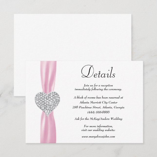 Details zur Hochzeit von Diamond Heart Pink Ribbon Begleitkarte (Vorne/Hinten)