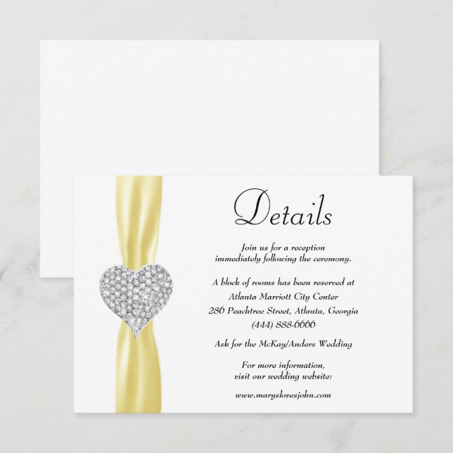 Details zur Hochzeit von Diamond Heart Yellow Ribb Begleitkarte (Vorne/Hinten)