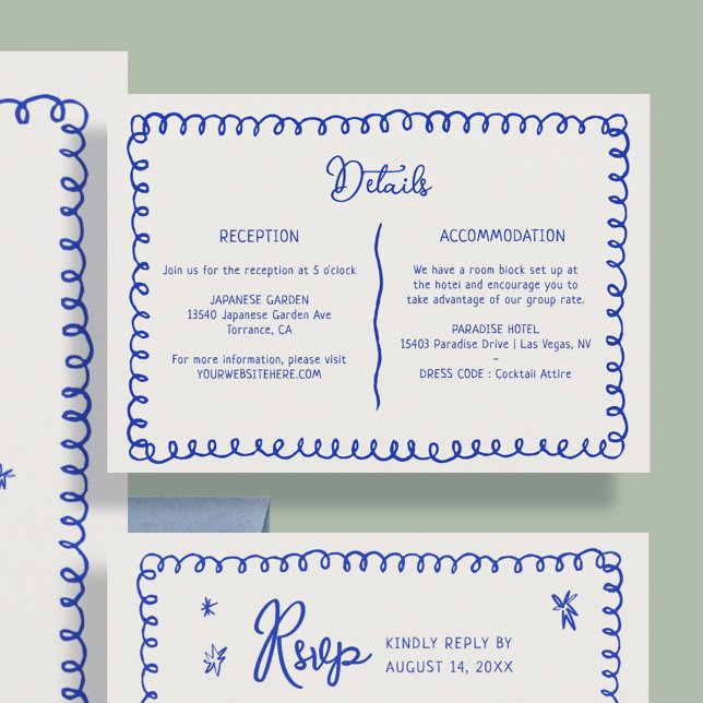 Details zur Hochzeit von Hand Drawn Blue French Re Begleitkarte (Von Creator hochgeladen)