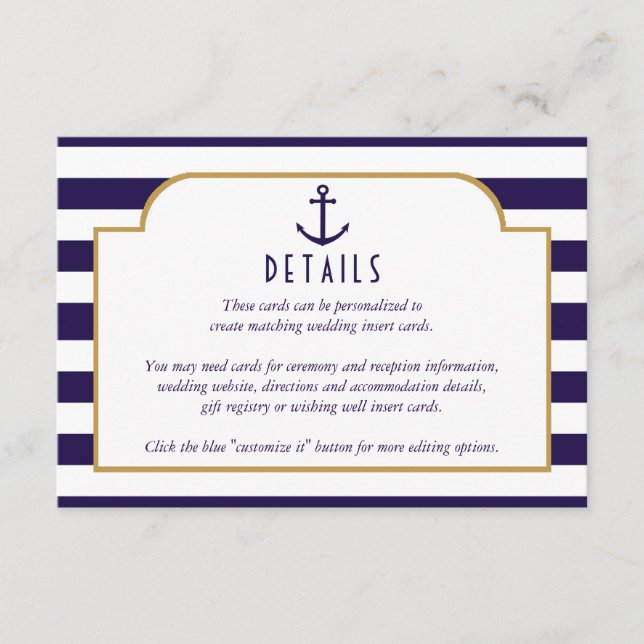 Details zur Hochzeit von Nautic Navy & White Strip Begleitkarte (Vorderseite)