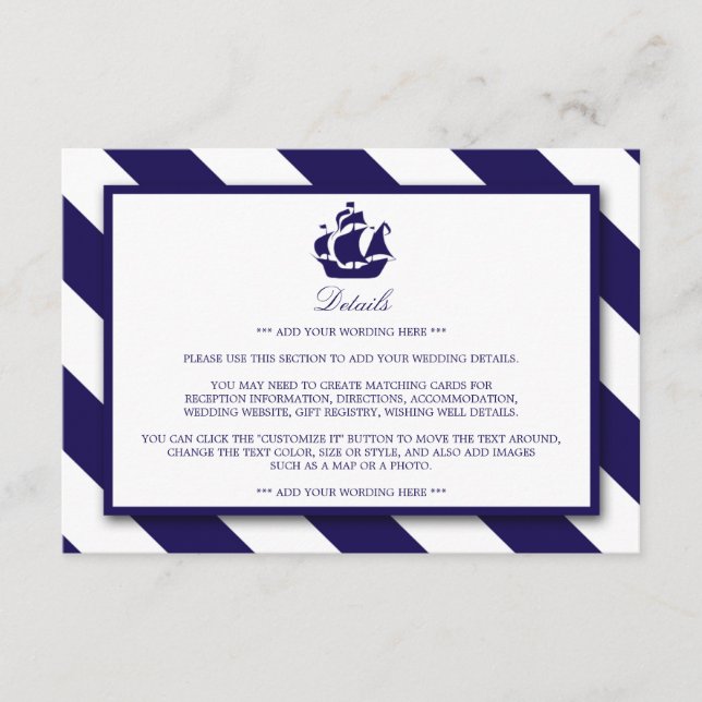 Details zur Hochzeit von Nautic Stripes & Navy Blu Begleitkarte (Vorderseite)