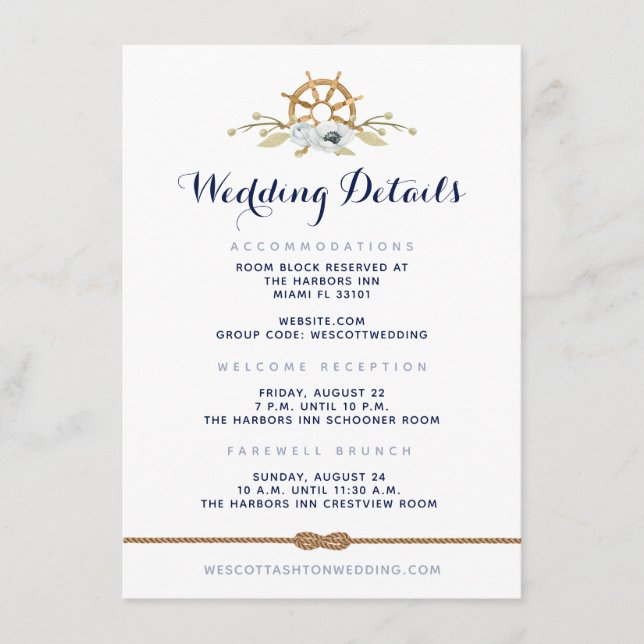 Details zur Hochzeit von Nautik und Weiß Begleitkarte (Vorderseite)
