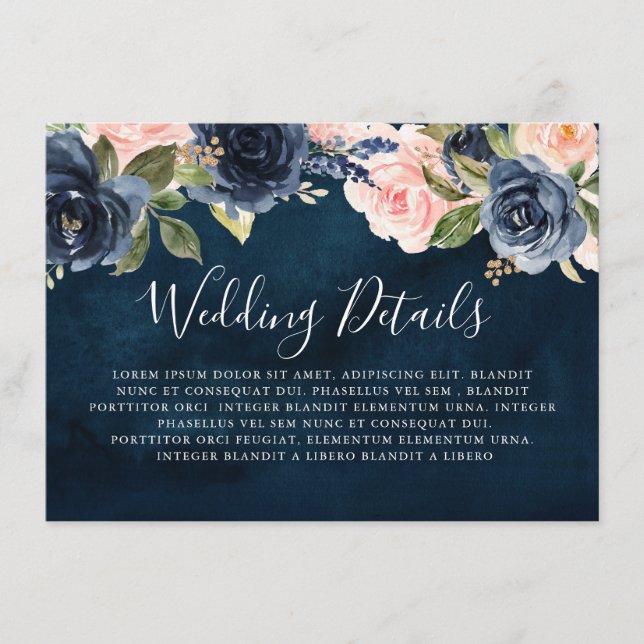 Details zur Hochzeit von Navy Blue Blush Pink Rose Begleitkarte (Vorderseite)