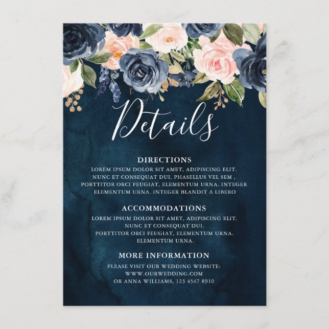 Details zur Hochzeit von Navy Blue Blush Pink Rose Begleitkarte (Vorderseite)