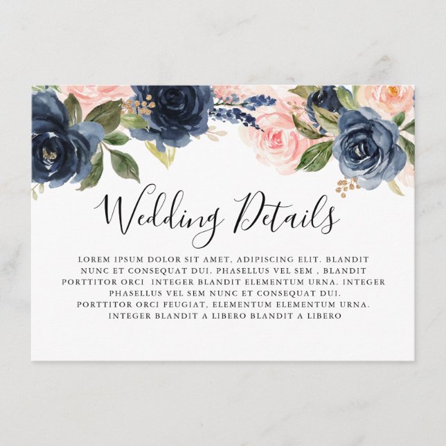 Details zur Hochzeit von Navy Blue Blush Pink Rose Begleitkarte (Vorderseite)