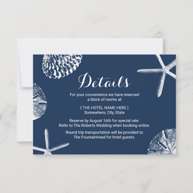 Details zur Hochzeit von Navy Blue Seashells Beach Einladung (Vorderseite)