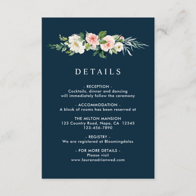 Details zur Hochzeit von Navy Blush Floral Wreath Begleitkarte (Vorderseite)