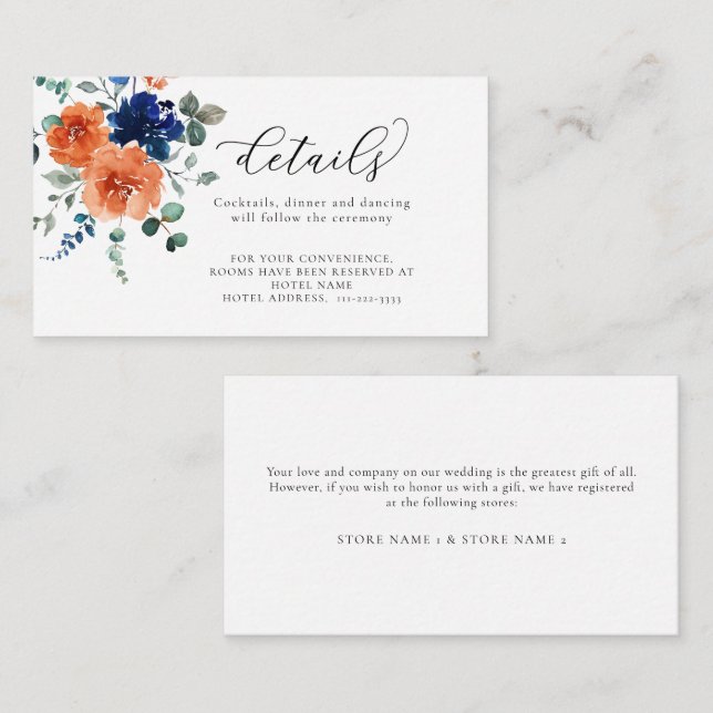 Details zur Hochzeit von Navy Burnt Orange Fall Fl Begleitkarte (Vorne/Hinten)