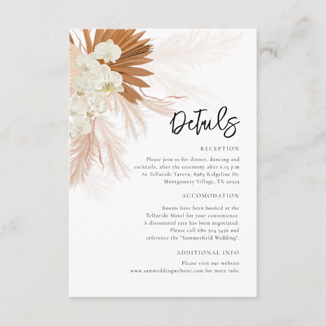 Details zur Hochzeit von Pampas Grass Floral Begleitkarte (Vorderseite)