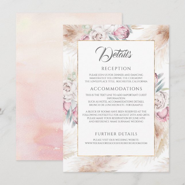 Details zur Hochzeit von Pampas Grass und Pink Kin Begleitkarte (Vorne/Hinten)