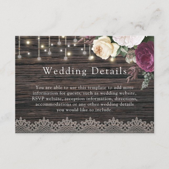 Details zur Hochzeit von rustikalem Blumenholz Begleitkarte (Vorderseite)