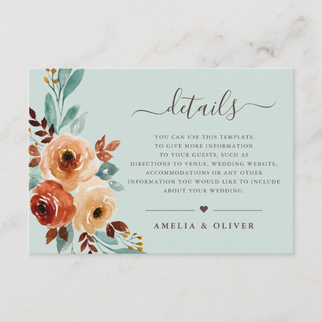 Details zur Hochzeit von rustikalen Minzgrün Begleitkarte (Vorderseite)