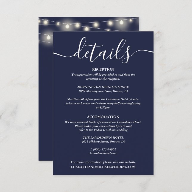 Details zur Hochzeit von String Lights Navy Begleitkarte (Vorne/Hinten)