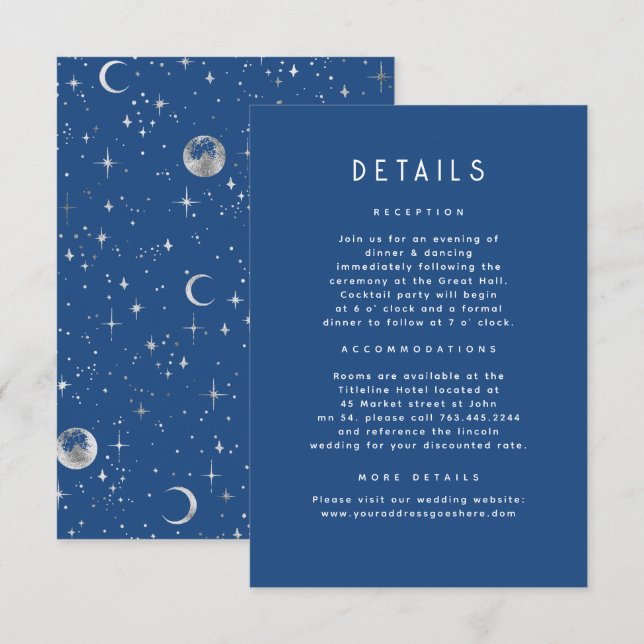 Details zur Hochzeitsfeier der Starry Night Begleitkarte (Vorne/Hinten)