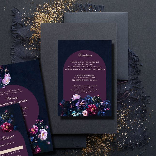 Details zur Hochzeitsfeier in dunkelromantischer M Begleitkarte (dark romantic wedding reception details jewel moody floral painting modern classic elegant formal)