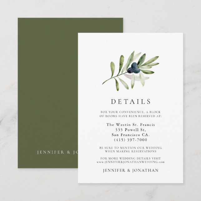 Details zur Hochzeitskarte für die Olive Branch RSVP Karte (Vorne/Hinten)