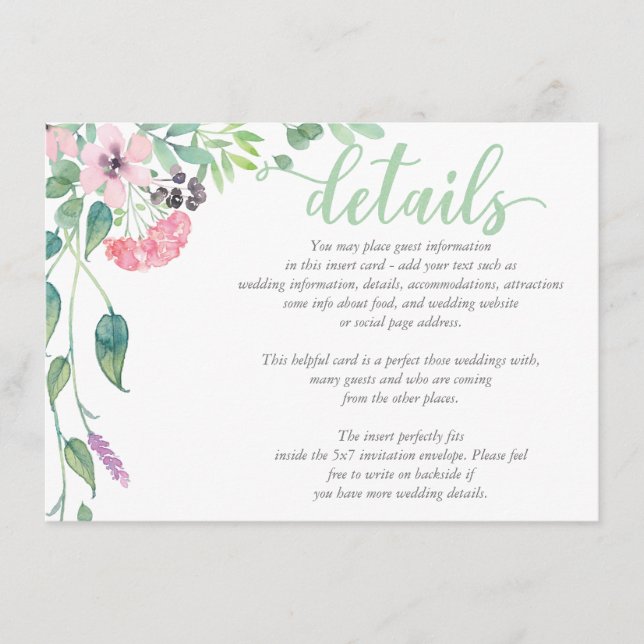 DETAILS zur Hochzeitskarte für Wasserfarben-Lavend Begleitkarte (Vorderseite)