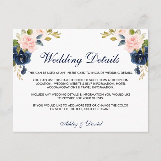 Details zur Hochzeitskarte Rosa Blütenblau Postkarte (Vorderseite)