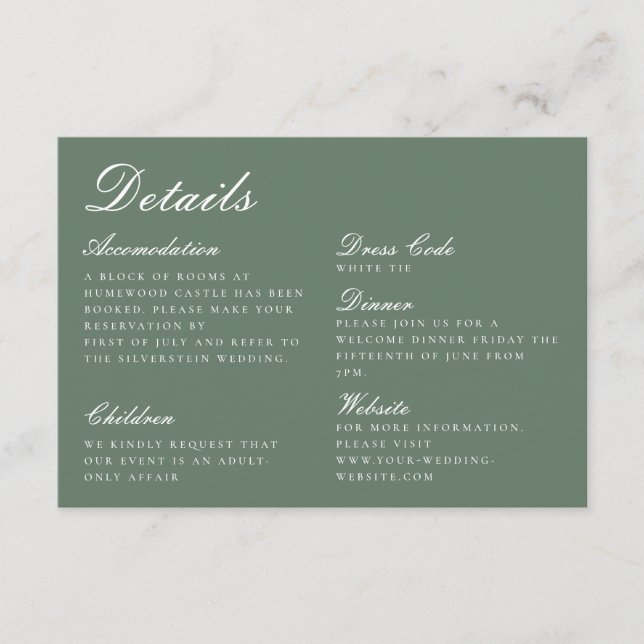 Details zur Hochzeitssage in elegantem Sage Green  Begleitkarte (Vorderseite)